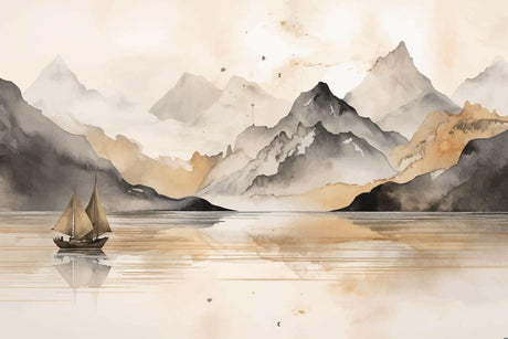 Mountain landscape wallpaper design file showing detailed watercolor peaks and sailing boat pattern