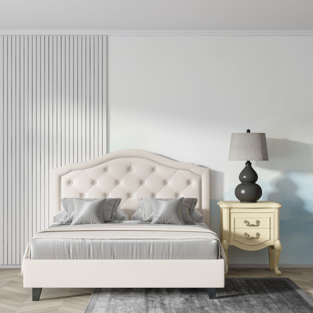 Mountain landscape wallpaper creating depth in modern living room with minimal furniture