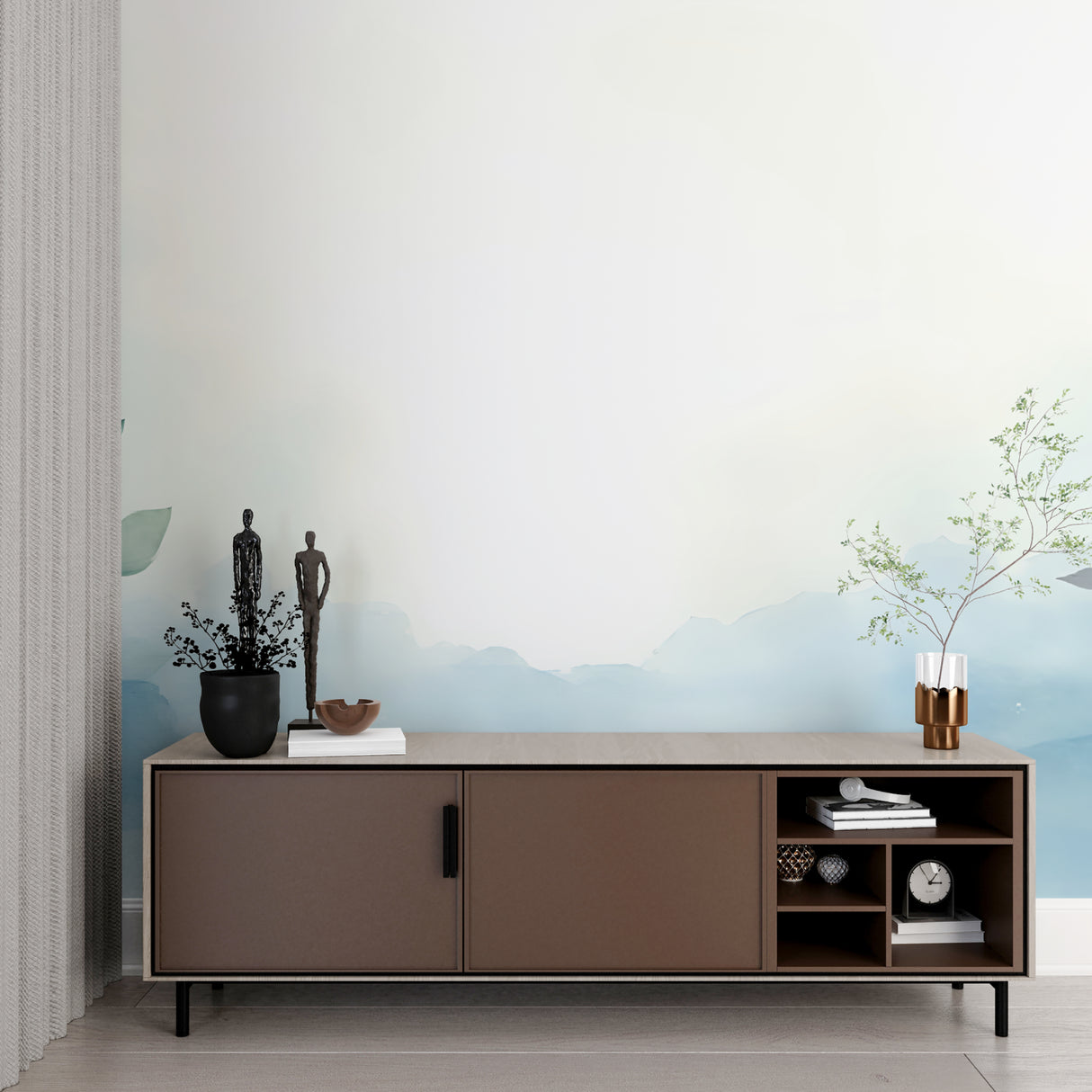 Watercolor mountain mural bringing serenity to master bedroom with soft lighting