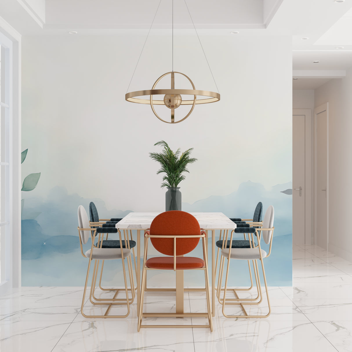 Blue mountain wallpaper transforming home office into peaceful workspace
