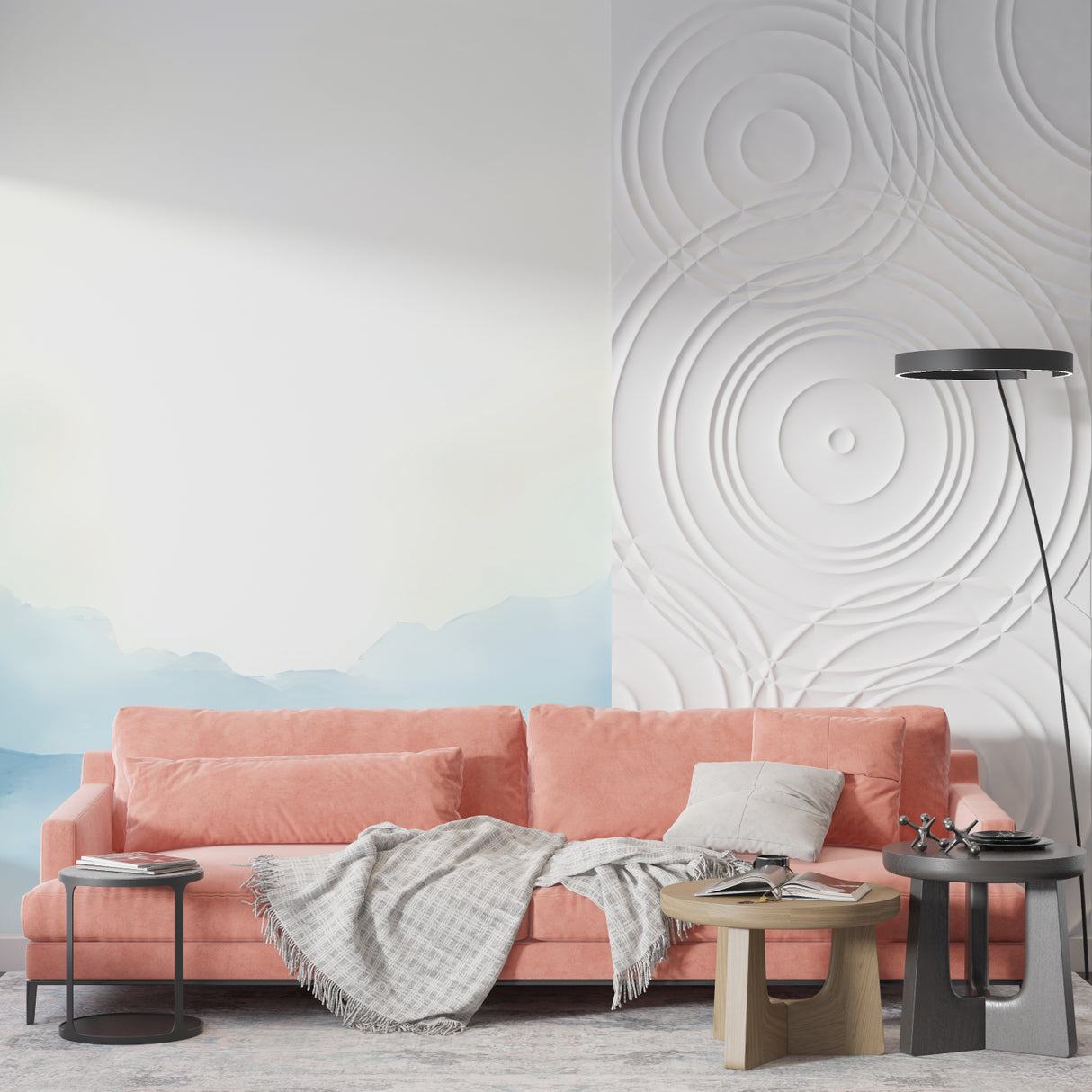 Mountain peak mural adding depth to dining room with natural light