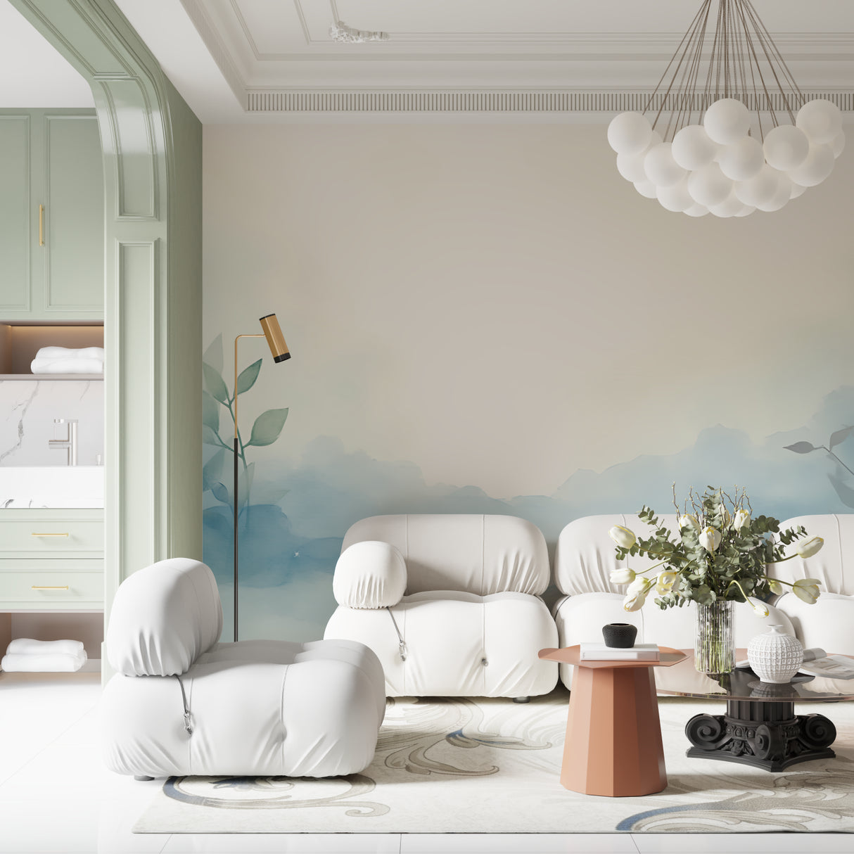 Watercolor landscape mural creating focal point in minimalist entrance hall