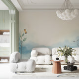Watercolor landscape mural creating focal point in minimalist entrance hall