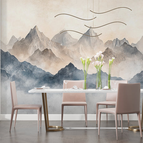 Mountain range wallpaper creating a serene atmosphere in a modern living room with minimal furniture