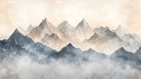 Mountain range wallpaper design file showing detailed watercolor peaks and misty elements