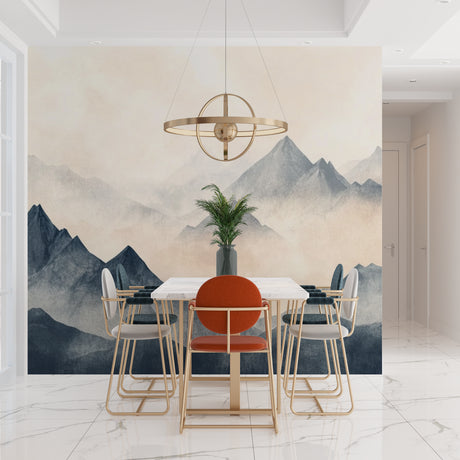 Mountain mural wallpaper in modern living room, creating serene atmosphere with watercolor peaks