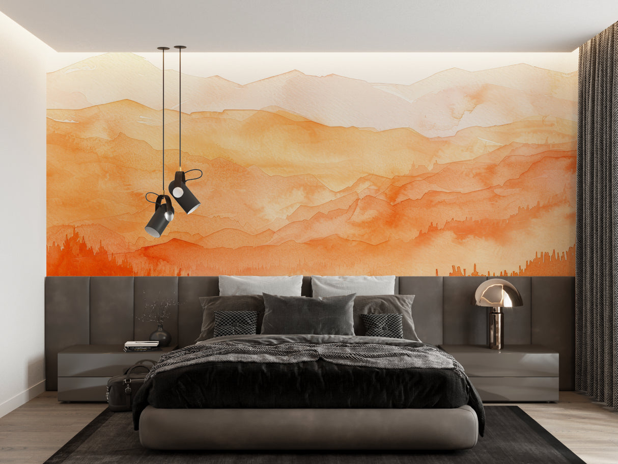 Mountain sunset mural wallpaper in modern living room showing orange and beige tones