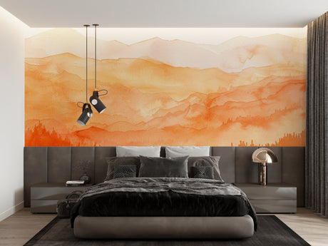Mountain sunset mural wallpaper in modern living room showing orange and beige tones