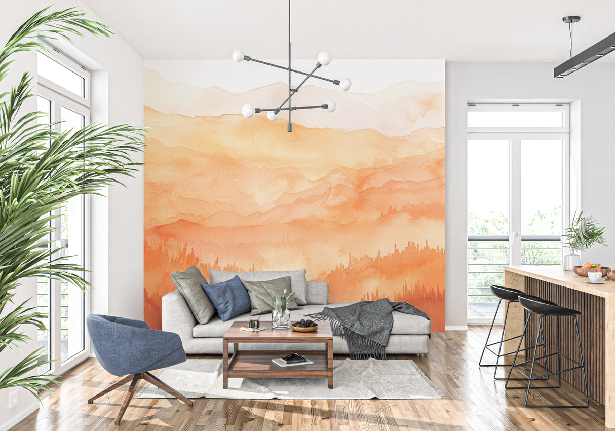 Watercolor mountain wallpaper creating depth in minimal bedroom