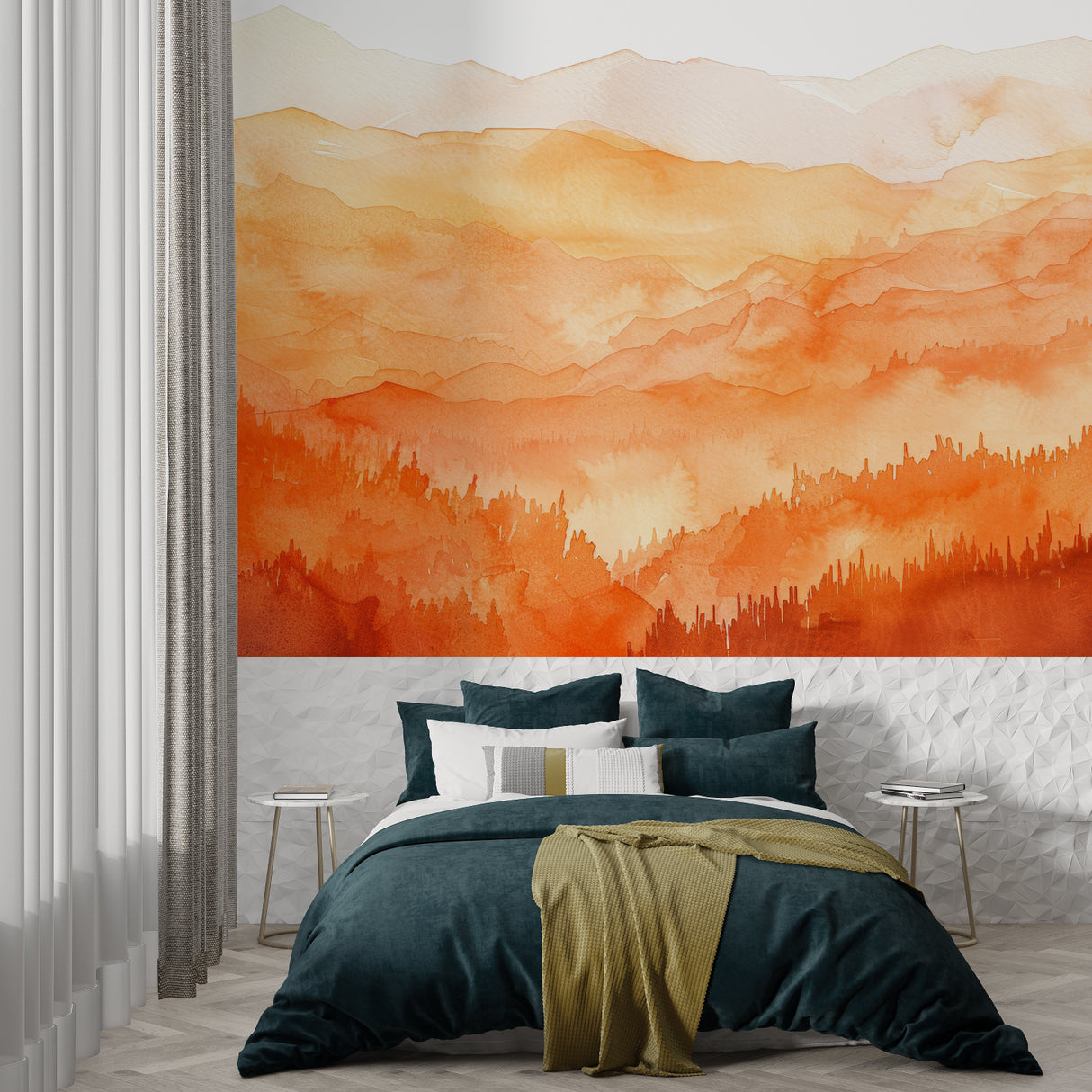 Orange sunset mountain mural in cozy dining room setting