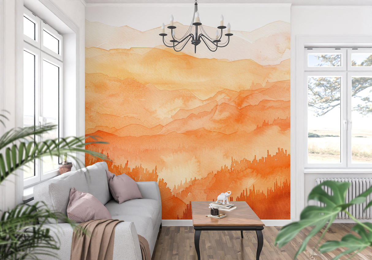 Mountain range wallpaper bringing warmth to home office space