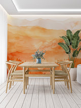 Sunset landscape mural creating ambiance in meditation room