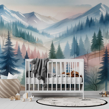 Mountain landscape wallpaper creating depth in a modern living room, soft morning light highlighting the watercolor pine forest design