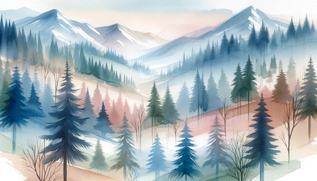 Mountain and pine forest wallpaper design file showing detailed watercolor artistry and misty landscape pattern