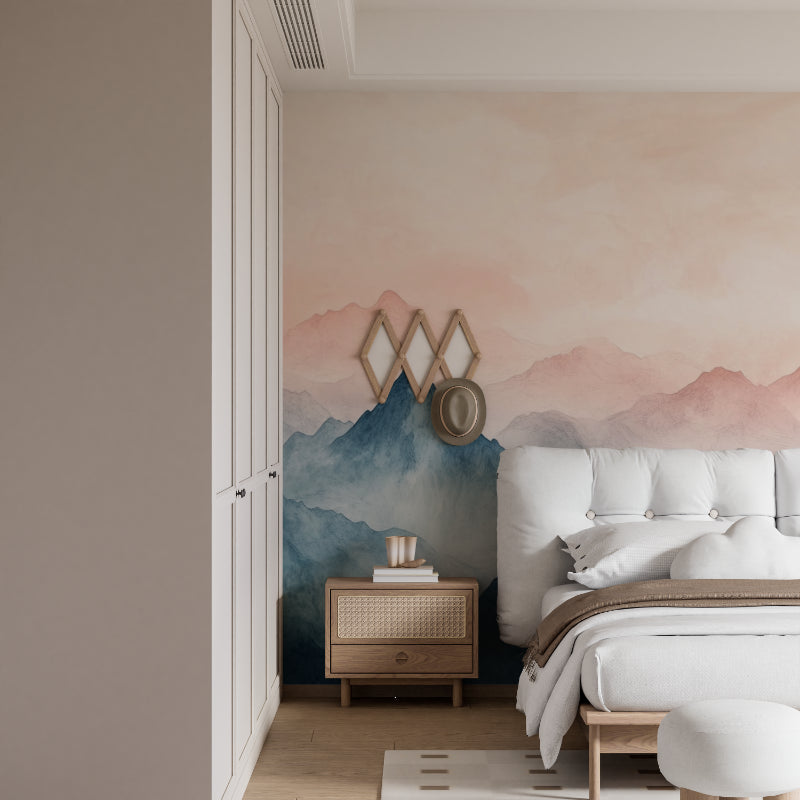 Mountain mural wallpaper creating a peaceful atmosphere in a modern bedroom with minimal furniture