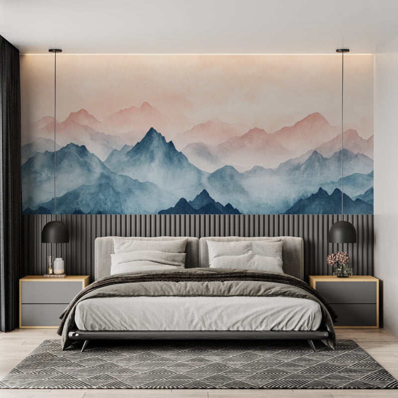 Watercolor mountain wallpaper adding depth to a cozy living room with natural light