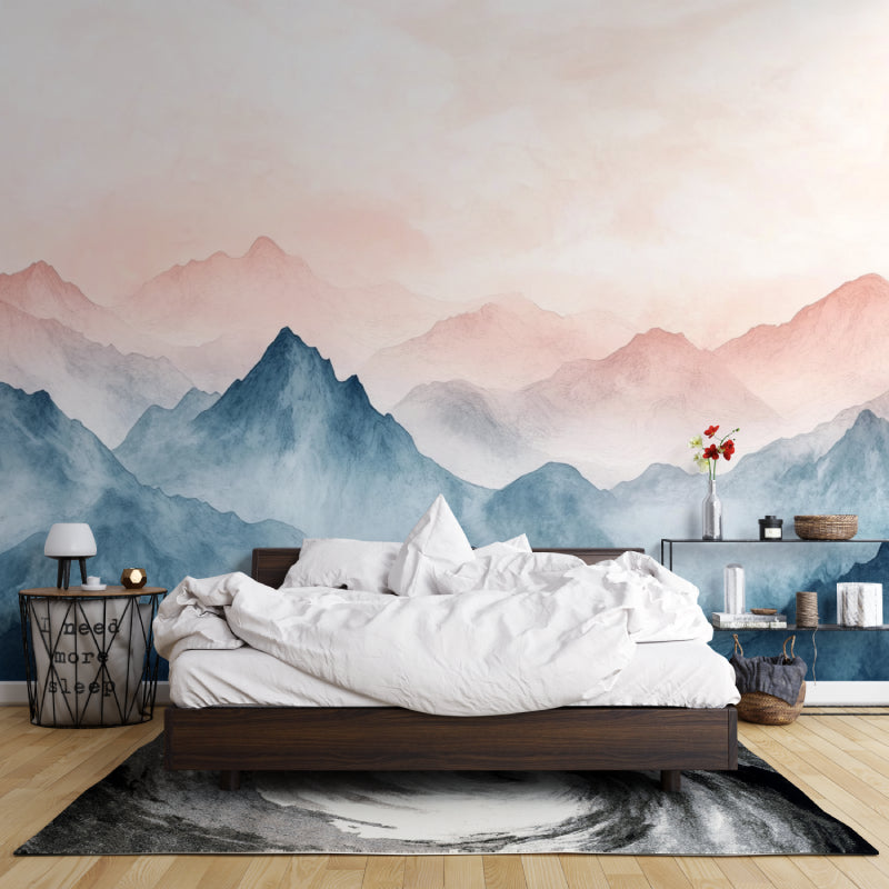 Sunrise mountain mural bringing warmth to a Scandinavian dining room setup