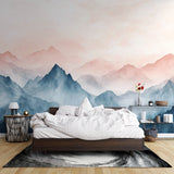 Sunrise mountain mural bringing warmth to a Scandinavian dining room setup