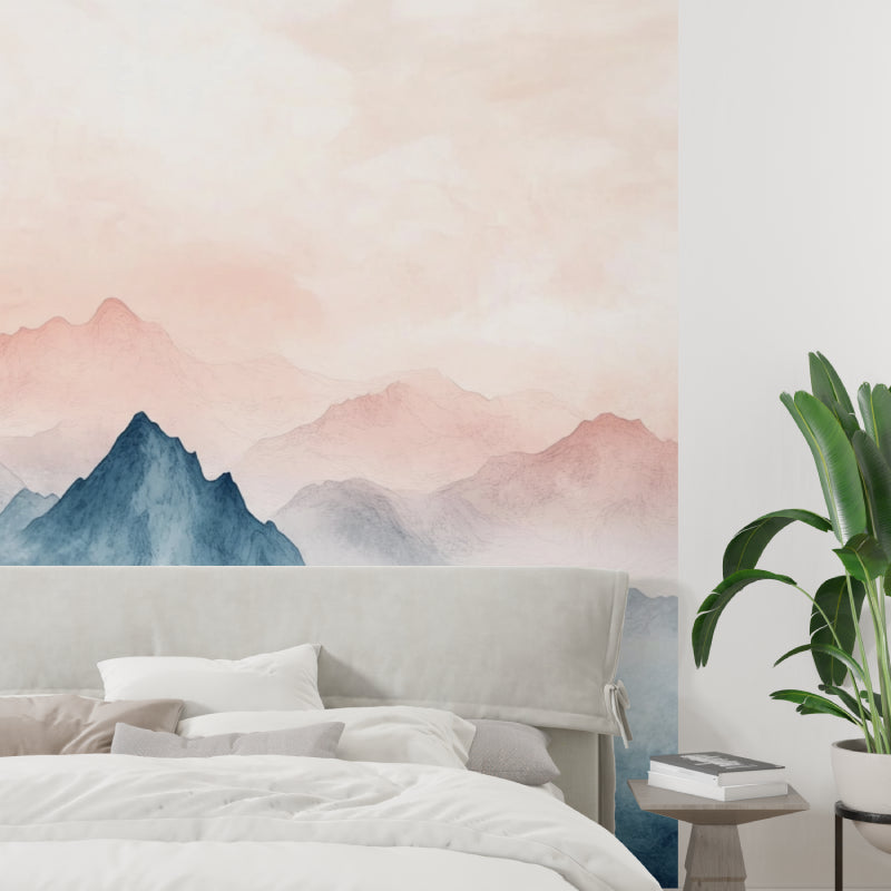 Mountain peak wallpaper creating a focal point in a home office with morning light