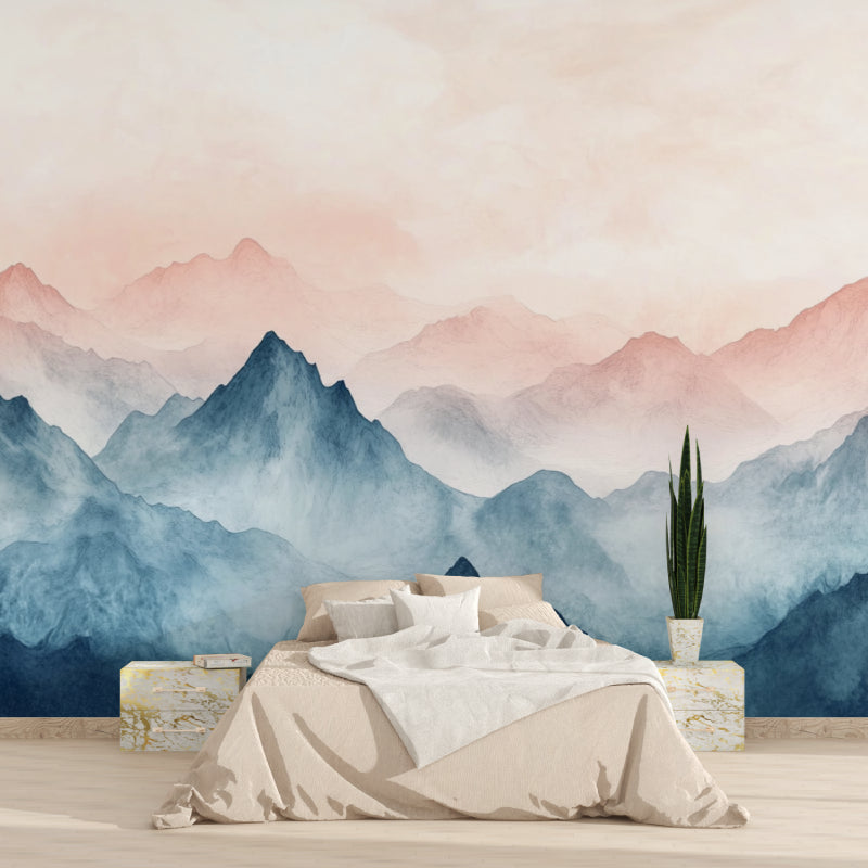 Watercolor mountain scene enhancing a minimalist hallway with soft natural tones