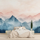 Watercolor mountain scene enhancing a minimalist hallway with soft natural tones
