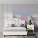 Home office featuring watercolor mountain mural with soft sunset colors