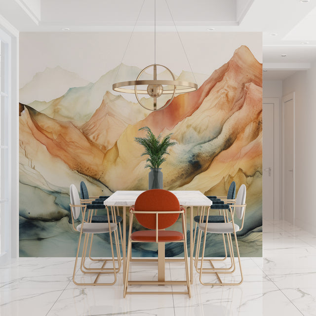 Mountain landscape wallpaper in modern living room, showing terracotta peaks against white furniture
