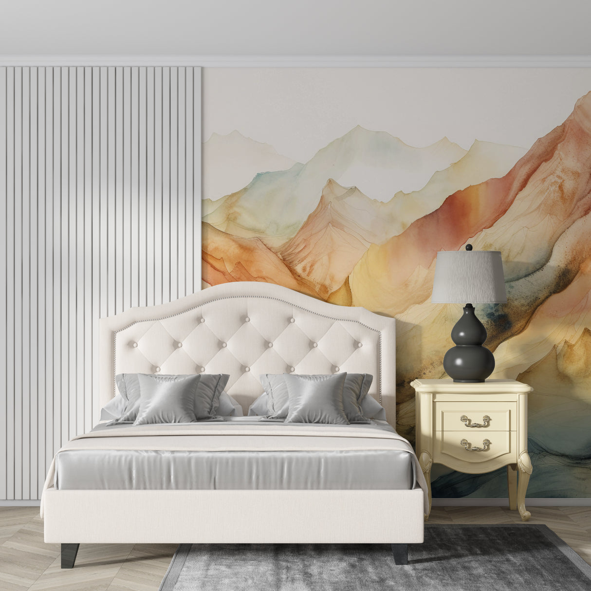 Terracotta mountain wallpaper in home office with natural lighting