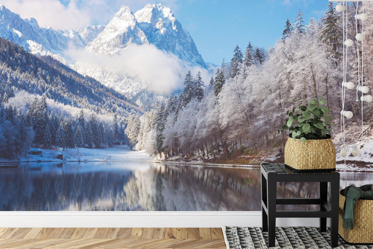 Winter lake wallpaper mural in cozy bedroom setting with wooden furniture