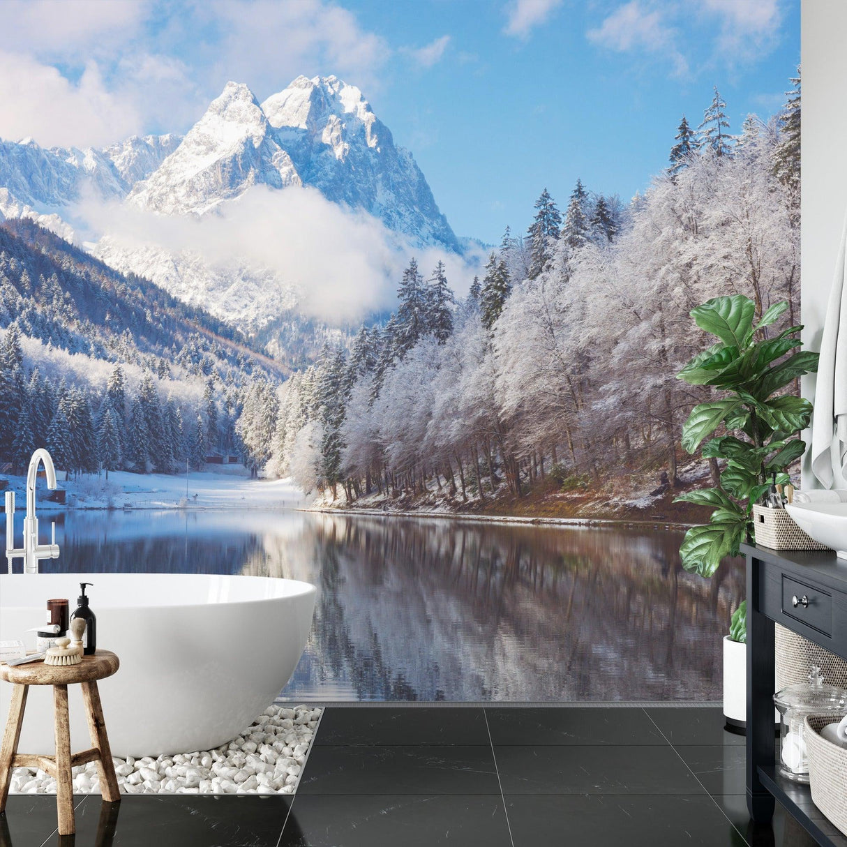 Snowy mountain wallpaper installation in minimalist dining room with natural light