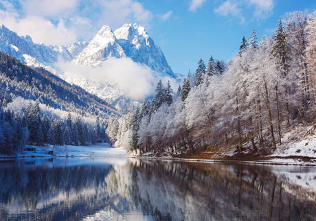 Design file of winter mountain lake reflection pattern with snow-covered peaks and mirror surface