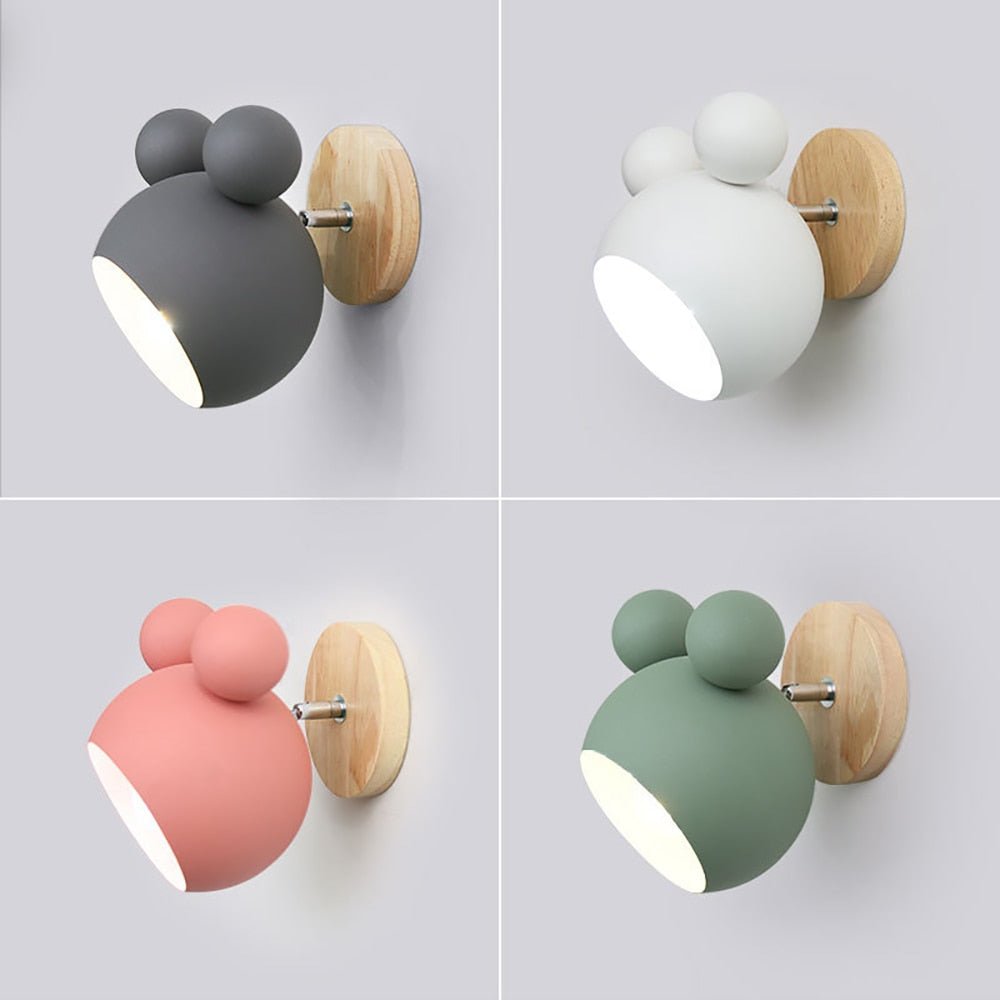 Kids Wall Light  Pink Mouse Design With Wood Mount - Detailed view