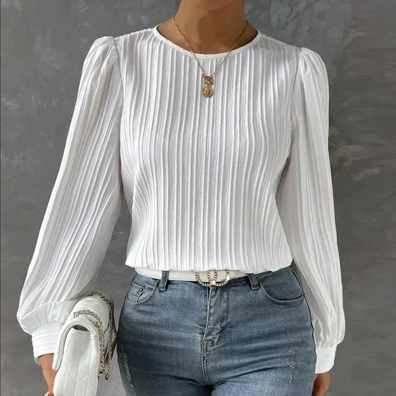 Cotton Pleated Blouse  Long Sleeve Textured Design - Product showcase