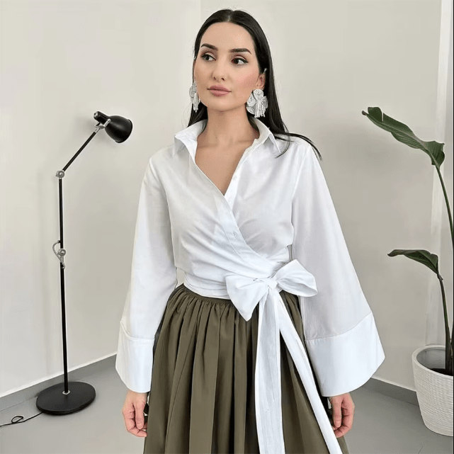 Kimono Wrap Blouse  Wide Sleeve Belt Design - Detailed view