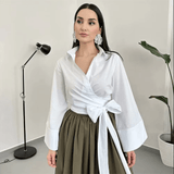 Kimono Wrap Blouse  Wide Sleeve Belt Design - Detailed view
