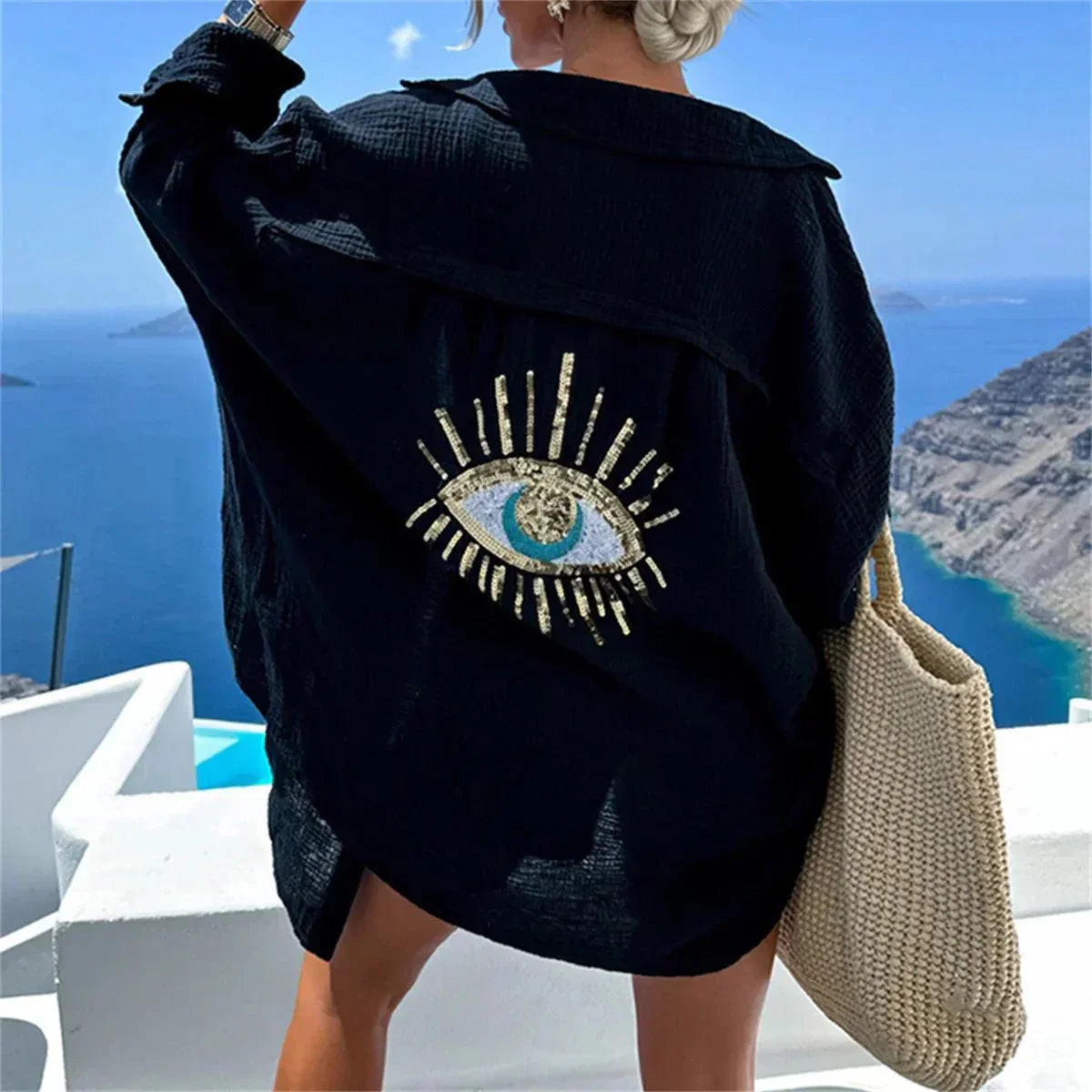 Boho Sequin Shirt  Embellished Eye Design Beach Cover Up - Product detail 10