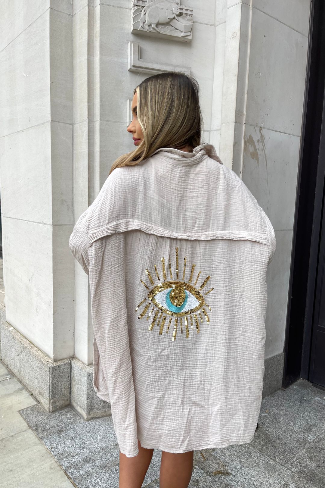 Boho Sequin Shirt  Embellished Eye Design Beach Cover Up - Detailed view