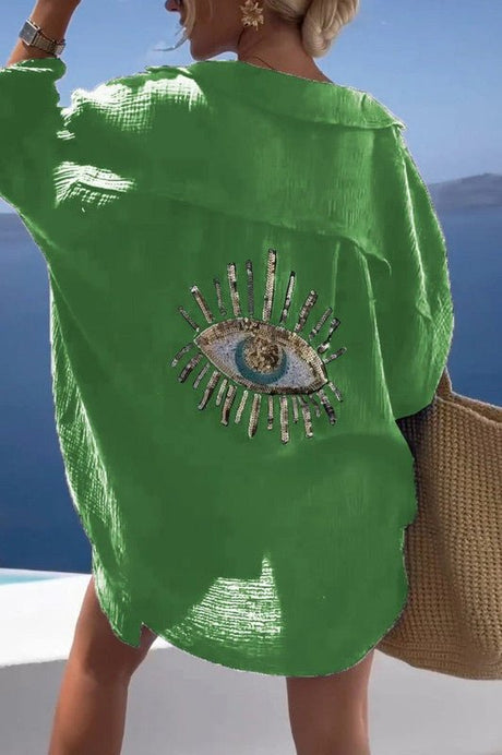 Boho Sequin Shirt  Embellished Eye Design Beach Cover Up - Product detail 8