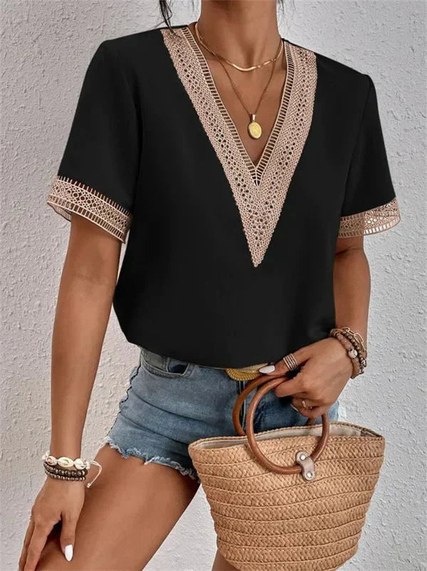 Lace Trim V-Neck Top  Emerald Green Cotton Blend - Product example