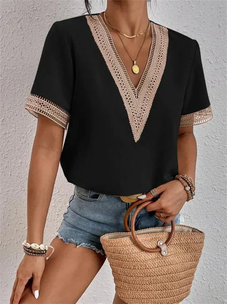 Lace Trim V-Neck Top  Emerald Green Cotton Blend - Product detail 8