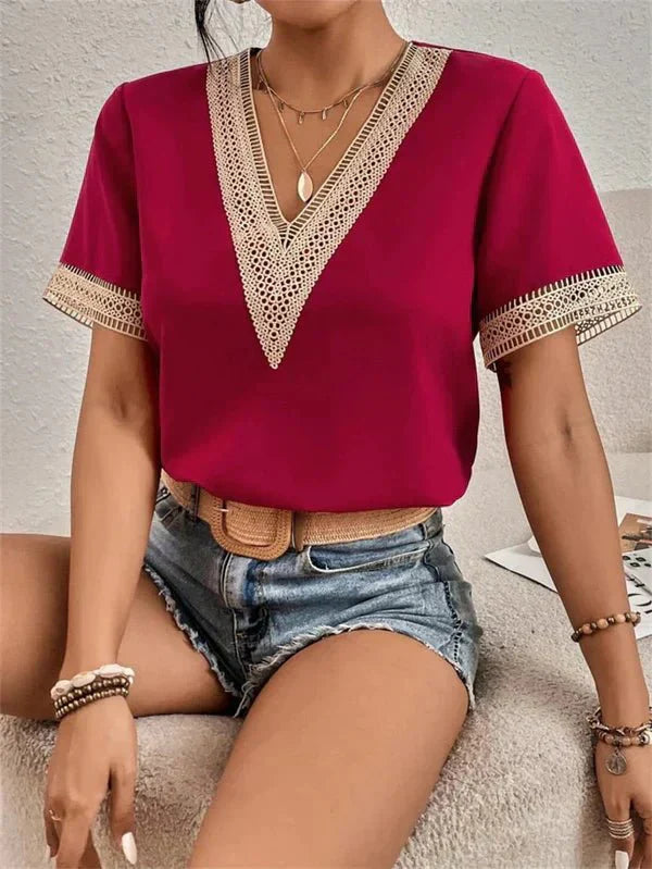 Lace Trim V-Neck Top  Emerald Green Cotton Blend - Detailed view