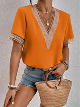 Lace Trim V-Neck Top  Emerald Green Cotton Blend - Product detail 5