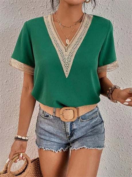Lace Trim V-Neck Top  Emerald Green Cotton Blend - Product showcase