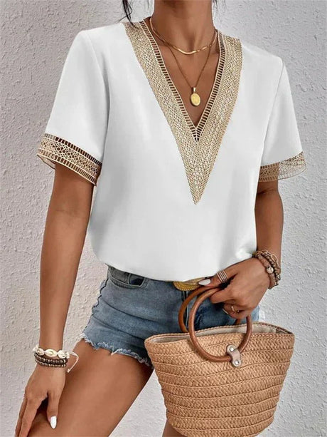 Lace Trim V-Neck Top  Emerald Green Cotton Blend - Product detail 9