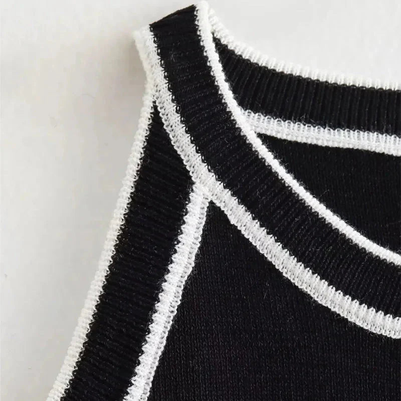 Slim Fit Tank Top  Black Knitted with White Trim - Product example