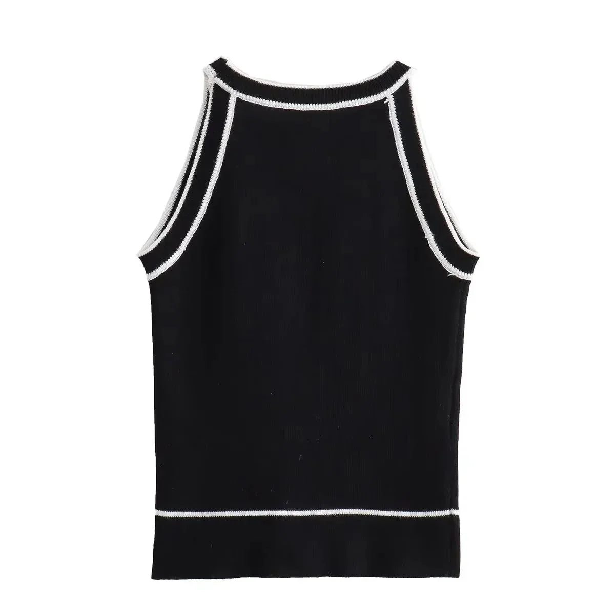 Slim Fit Tank Top  Black Knitted with White Trim - Detailed view