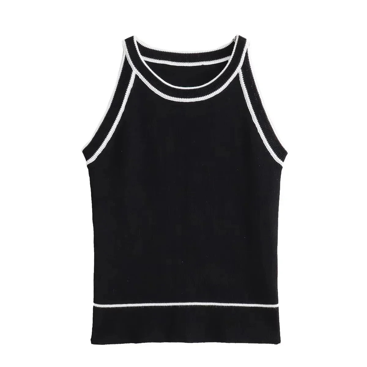 Slim Fit Tank Top  Black Knitted with White Trim - Product showcase