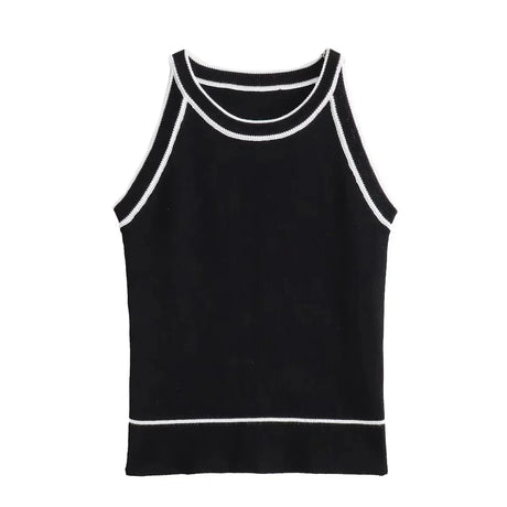 Slim Fit Tank Top  Black Knitted with White Trim - Product showcase