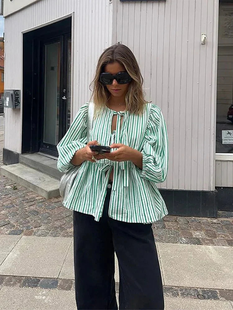 Striped Cotton Blouse  Green Puff Sleeve Design with Tie Front - Detailed view