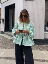Striped Cotton Blouse  Green Puff Sleeve Design with Tie Front - Detailed view